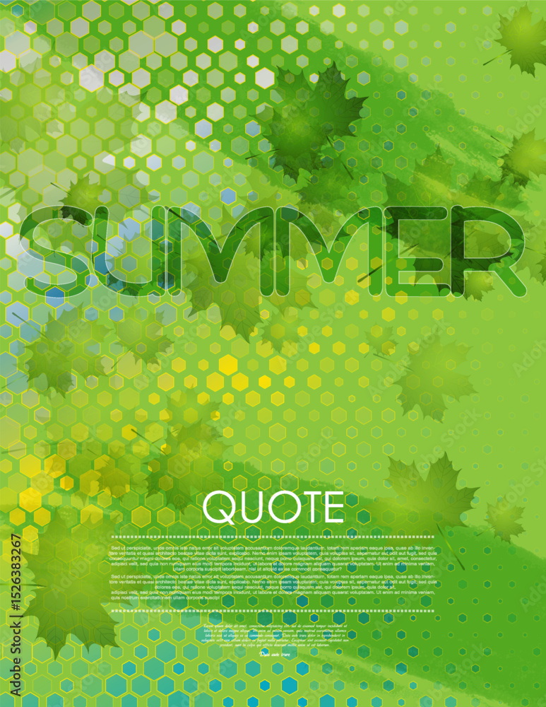 Poster Green modern summer poster background with maple leaves and geometric hexagonal pattern. Vector seasonal flyer design