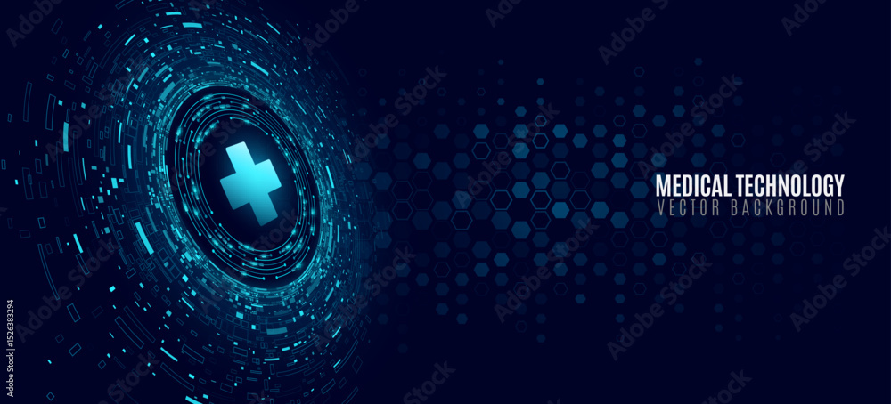 Poster futuristic healthcare background featuring a glowing blue medical cross surrounded by digital data c