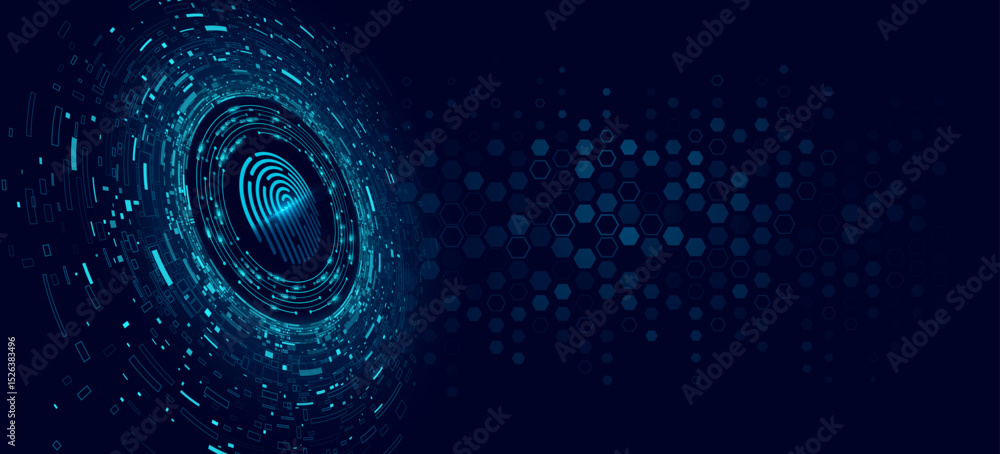 Poster futuristic digital glowing fingerprint scanner surrounded by circular cyber elements and hexagonal d