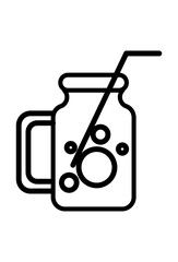 Mason jar drink icon with straw and bubbles.
 Beverage in a handled jar with a drinking straw.
