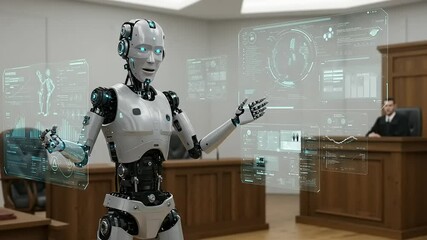 Robot lawyer presenting data in court with holographic display, futuristic courtroom - Powered by Adobe