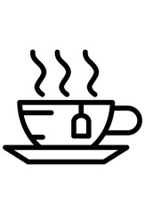 Steaming hot cup with teabag.
Warm beverage icon, tea or coffee
