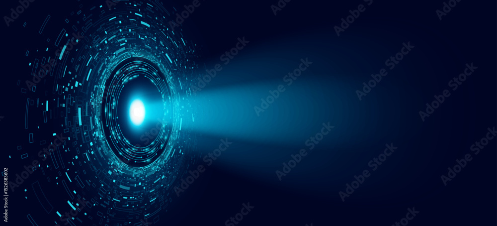 Poster digital featuring a radiant blue spotlight emerging from a circular futuristic interface. abstract c