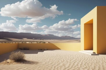 minimal pastel yellow building in desert like landscape on sunny day with clouds in the sky. Abstract  view. 3d render style illustration.