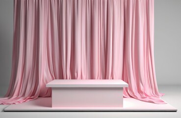 white 3d render podium shape on stage with pastel pink folded curtains