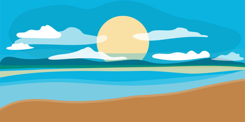 Seascape on sunny hot day. Vector in flat style with space for copying. Golden sand, blue sea, white clouds on clear sky, yellow round sun. Vacation, travel, silence, tranquility, rest, relax, beach