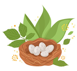 Light colored wild bird eggs lying in nest among green leaves. Isolated vector illustration in flat style. Yellow flowers and bokeh circles. Green large leaves. Cute cozy house for forest birds