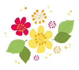 Floral composition in flat style. Bright spring and summer flowers and leaves surrounded by orange circles. Vector isolated illustration for holiday and wedding design