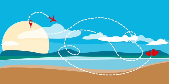 Summer seascape with airplane trajectory. Vector drawing in flat style. Wedding trip, romantic vacation, vacation for lovers. Blue sky and sea, clean sandy beach. Design for travel agency, silence