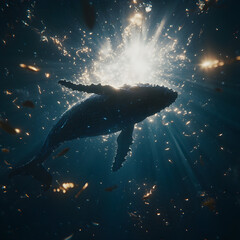 Fototapeta premium A stunning underwater shot of a humpback whale with sun rays and glittering particles.