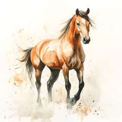A dynamic watercolor painting of a horse in motion.