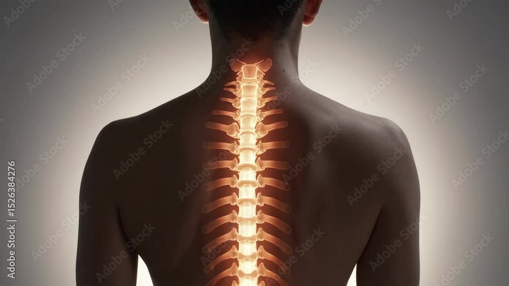 Poster Luminous human spine segments displaying potential neurological disorders, illuminating skeletal health complexities against minimalist medical setting