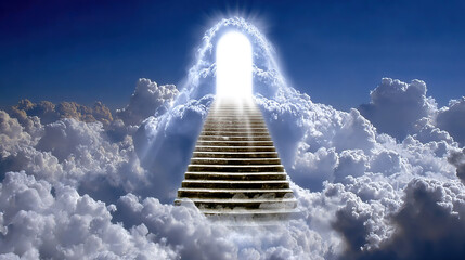 Bright light from heaven shining through an open door with stairs and rays and presence God