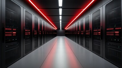 Fototapeta premium Futuristic Data Center Interior with Server Racks Illuminated by Red Lighting in Symmetrical Perspective