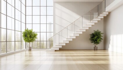 Obraz premium Modern open-plan staircase in bright, spacious interior with large windows overlooking city