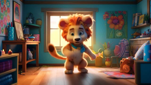 Joyful Cartoon Bear Cub Celebrating in Sunny Cozy Room