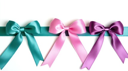 Teal, pink, purple satin bows on ribbon, white background; gift wrap, craft