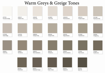 26 Warm Greys and Greige Shades - 3d Light Faded Orange Gray to Deep Dark Black Orange Tones - with HEX Codes and Names, Colour Swatches, Scheme and Combinations