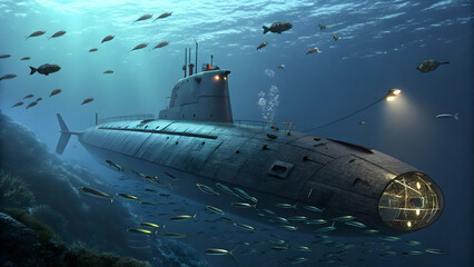"Underwater Submarine Journey – Deep Sea Exploration Vector with Ocean Adventure Scene"