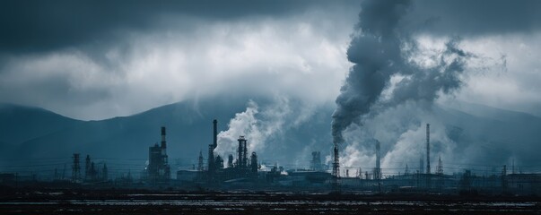 Industrial skyline with smokestacks and dark clouds over a factory landscape, symbolizing pollution and environmental impact