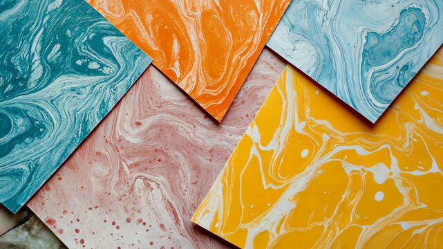 A flat lay of colorful marbled paper sheets styled on a smooth stone .
