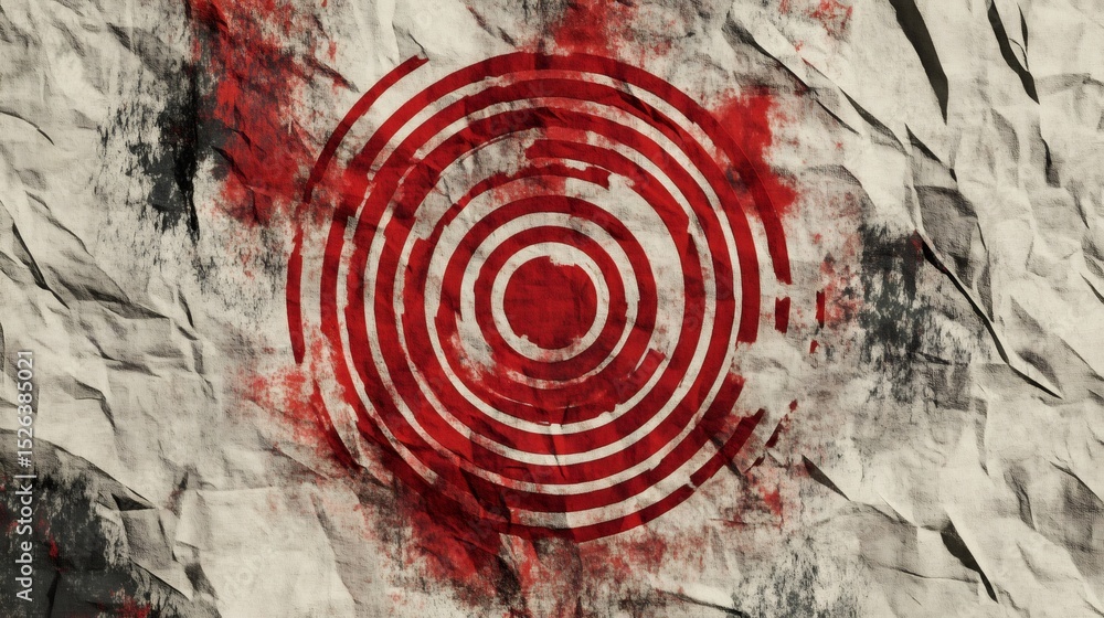 Poster red concentric circles illustrating seismic waves radiating from an earthquake's epicenter, set agai