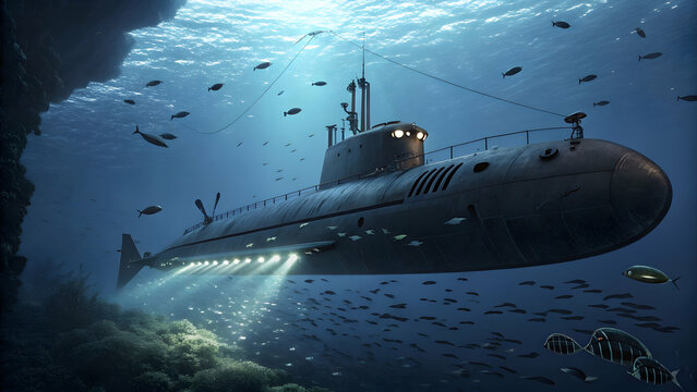 "Underwater Submarine Journey – Deep Sea Exploration Vector with Ocean Adventure Scene"