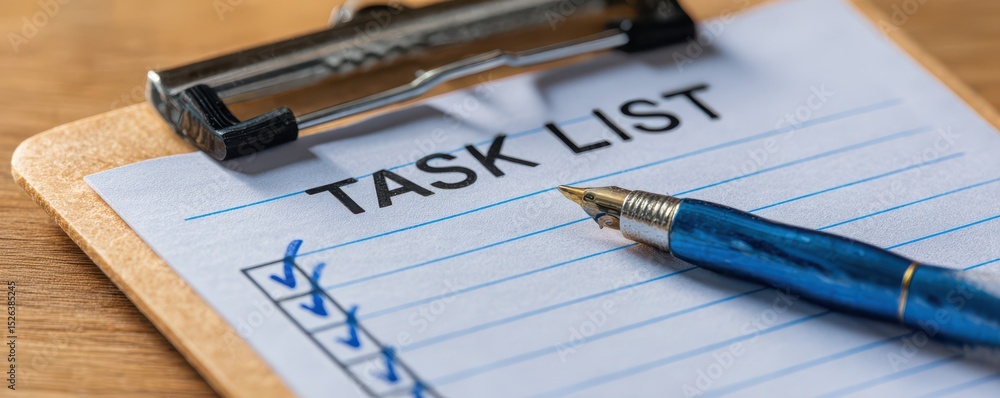 Poster close-up of a task list with checkboxes and a blue pen on a wooden desk for productivity and organiz