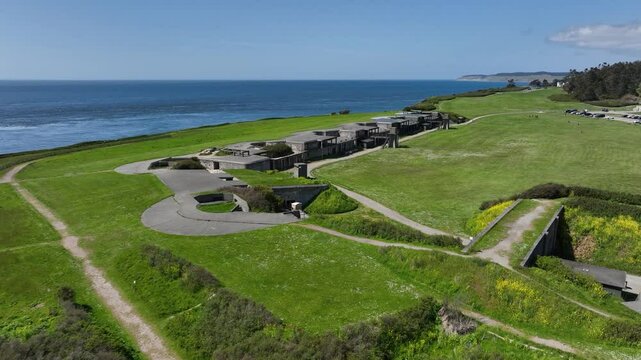 Drone shot over Whidbey Island's retired Fort Casey, overlooking the Puget Sound.