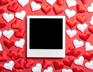 Red and White Hearts Frame a Blank Instant Photo on a Red Background
