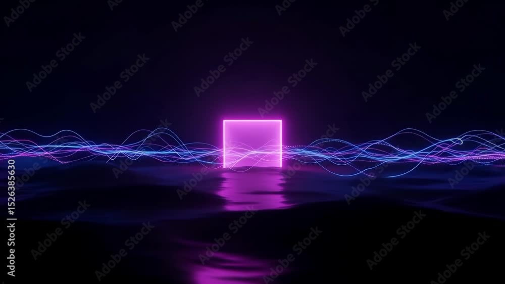 Poster illuminated cube on reflective surface: a mesmerizing display of a radiant, luminous cube, its vibra