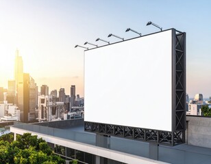 Rooftop Billboard Overlooking Cityscape at Sunset with Lush Greenery