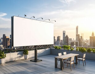 Rooftop Billboard Overlooking Cityscape at Sunset with Outdoor Dining Area