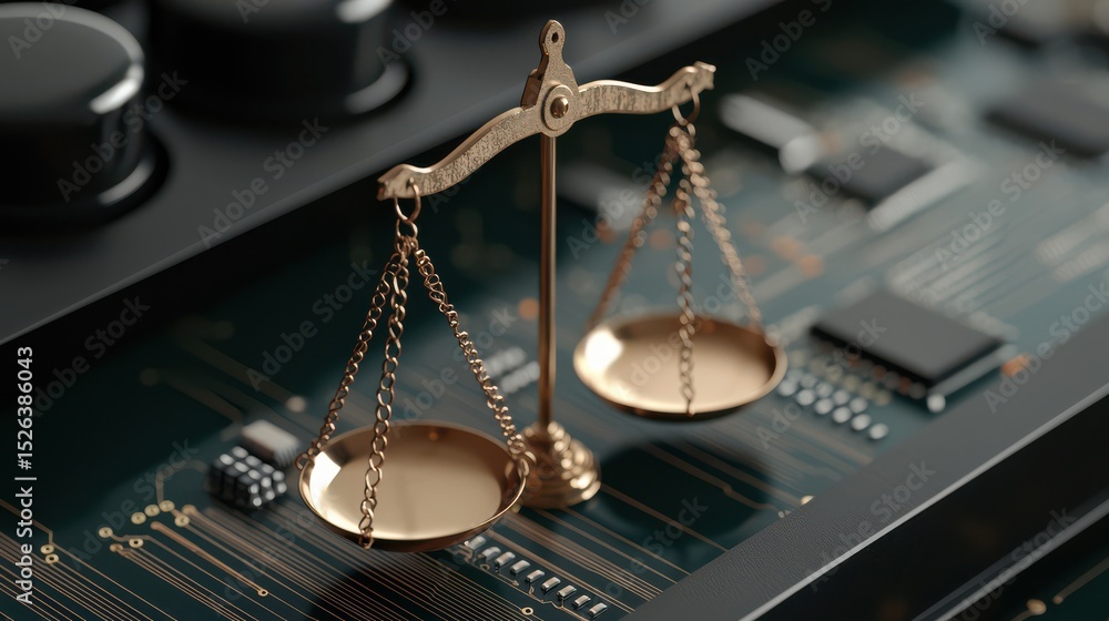 Poster golden balance scale on circuit board representing the intersection of law and technology in a digit