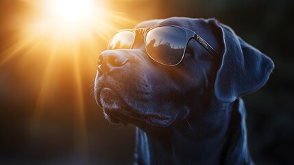 Happy dog wearing stylish sunglasses while enjoying the warm sunshine on a bright day