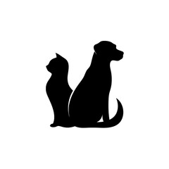 Silhouette of a cat and dog sitting back to back on white background on white background , no background