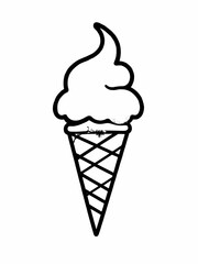 Simple line drawing of an ice cream cone on a white background, dessert concept