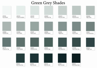 26 Green Grey Shades - 3d Light Faded Green Gray to Deep Dark Black Green Tones - with HEX Codes and Names, Colour Swatches, Scheme and Combinations