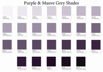 26 Purple & Mauve Grey Shades - 3d Light Faded Purple Gray to Deep Dark Black Purple Tones - with HEX Codes and Names, Colour Swatches, Scheme and Combinations