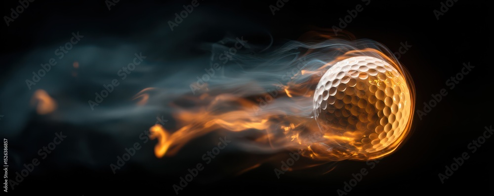 Poster dynamic motion of a golf ball with flames and smoke creating a striking visual effect in a dark back