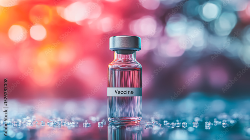 Poster bottle of vaccine is on a table. the bottle is clear and has the word vaccine on it. the bottle is p