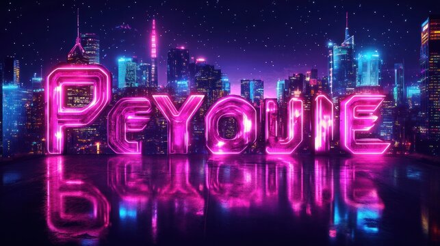 Futuristic city skyline at night with neon pink text reflecting on a dark surface.