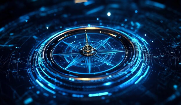 Digital compass with glowing lines, particles. Tech concept, navigation, direction visualization. North, east, south, west directions, futuristic design. Abstract illustration, modern tech innovation.