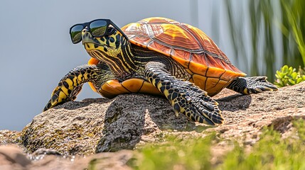 A majestic turtle gliding gracefully through crystal clear water in a vibrant marine environment