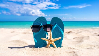 Beautiful colorful background for summer beach holiday. Sunglasses, starfish, turquoise flip-flops on sandy tropical beach against blue sky with clouds on bright sunny day