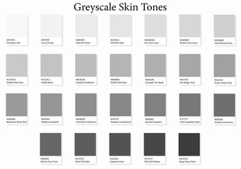 26 Greyscale Skin Shades - 3d Light Faded Greyscale Skin Gray to Deep Dark Tones - with HEX Codes and Names, Colour Swatches, Scheme and Combinations