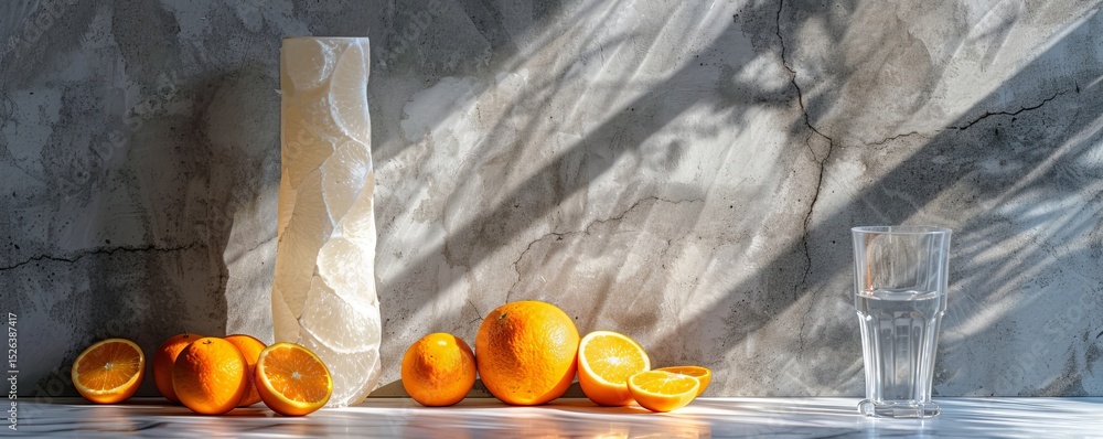 Poster tall vase with abstract shape alongside fresh oranges on a rustic surface