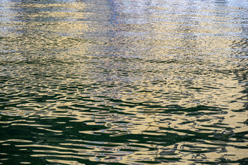 Reflections on the surface of calm natural water.