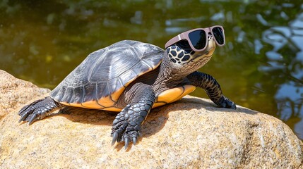 A playful turtle wearing trendy sunglasses relaxing on a sunlit rock beside calm blue water