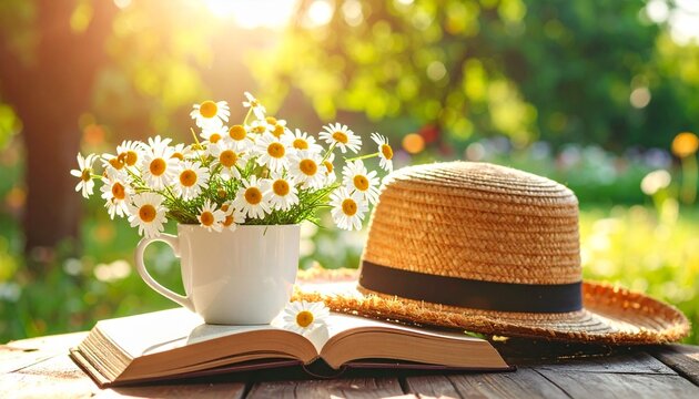 beautiful daisies in white cup, book, braided hat in summer garden. Rural landscape natural background with Chamomile flowers in sunlight. Summer time. copy space - Powered by Adobe